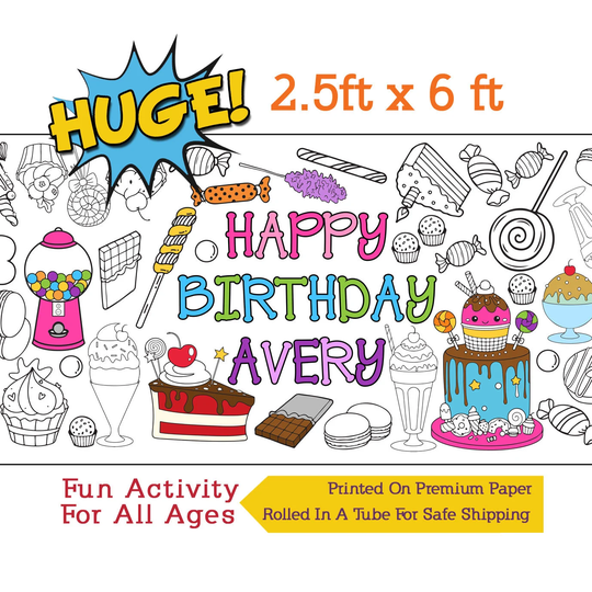Personalized Sweet Shoppe Coloring Banner, Candy Birthday Paper Tablecloth, Party Activity - 30" X 72" Inches