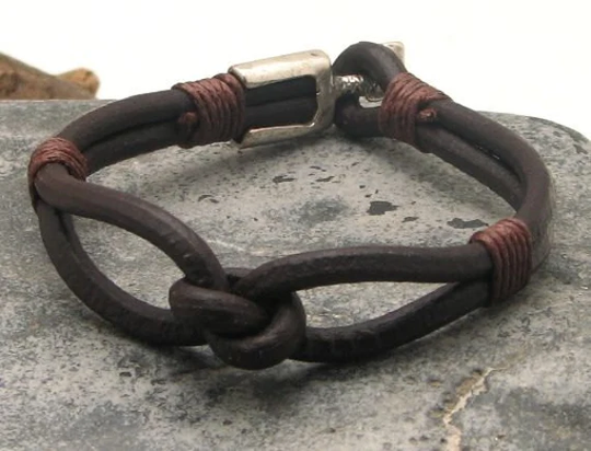 Valentines Day Gift For Him. Men's Leather Bracelet. Brown Marine Knot Bangle Bracelet With Silver Plated Clasp. Men Bacelet Him