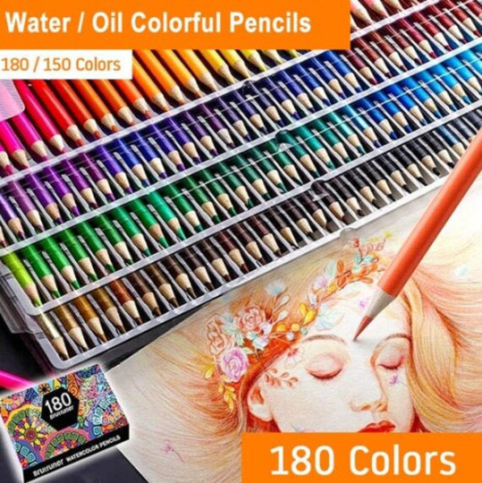 180 Pieces Color Pencils Set - Water Professional Coloring Colour Colored Brutfuner Gift For Artist