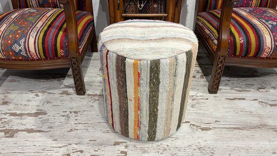 Luxury Contemporary Turkish Kilim Rug Pouf Chair Handmade Vintage Boho Modern Striped Rainbow Super Decorative 18x18 Inches