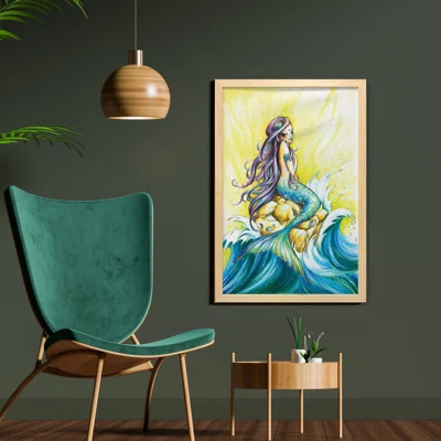 Mermaid Sitting on Rock Sunny Day Colored Pencil - Picture Frame Painting Print on Fabric