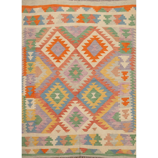 Multi-Color Kilim Reversible Area Rug Hand-Woven Wool Carpet - 5'3"x 6'7"