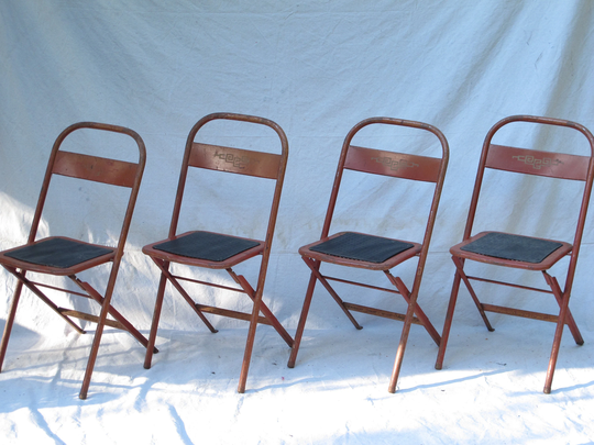 Rare Set Of French Bistro Chairs Vintage Folding Metal Chair Industrial Outdoor Cafe Patio Fold Up Orange Mid Century