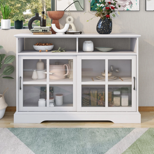 47-inch Wood Sideboard with Glass Sliding Doors and Adjustable Shelves