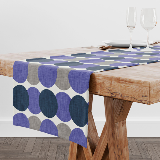 Retro Circles Table Runner | Periwinkle Very Peri Navy Gray Geometric Decor Top Kitchen Dining Room