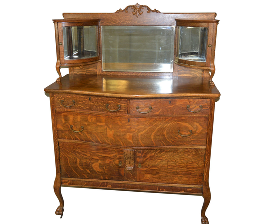 Antique Oak Sideboard, Curio Server Cabinet - Unique #19562