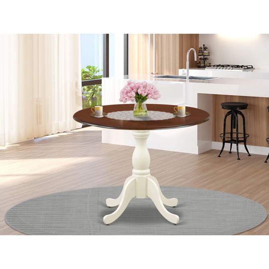 DST-MLW-TP - Mid Century Dining Table with Drop Leaves - Mahogany Table Top and Linen White Pedestal Leg Finish - Multi