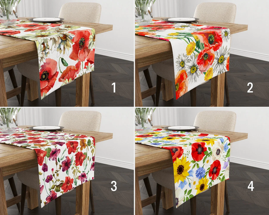 Poppies Table Runners, Floral Kitchen Runner, Red Common Poppy Tablecloths, Vivid Flowers Home Decor, Textile