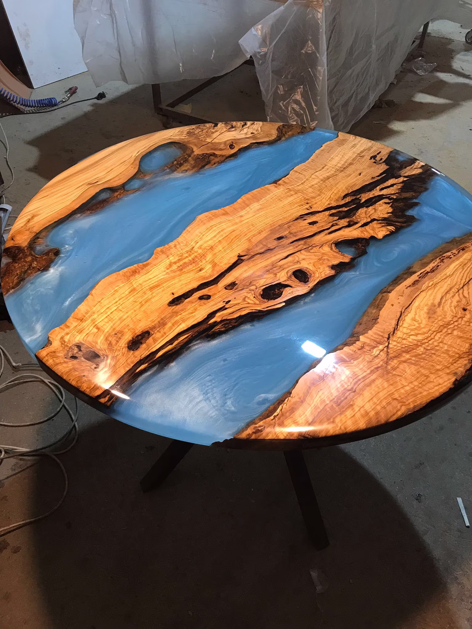 Round Epoxy Resin River Coffee Table, Custom Center Handmade Olive Wood, Table Top