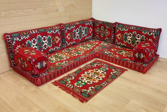 Modular Corner Sofa, Hookah Lounge Set, Arabic Style Furniture, Low Level Couch, Game Room Sectional Floor Sofa L Shape, Red Cushions