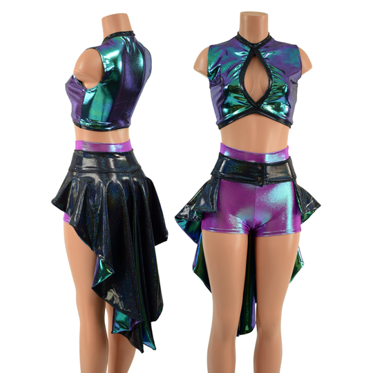 3Pc Set Scarab Keyhole Top With Black Holo Trim // Plumeria High Waist Shorts Tux Back Belt in Lined