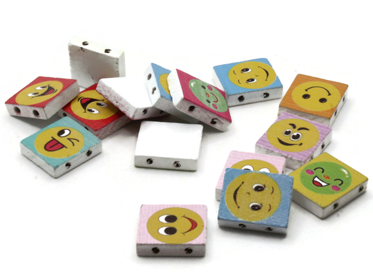 15 20mm Mixed Color Beads Wooden Happy Face Emoji Wood Two Hole Multicolor Novelty To String