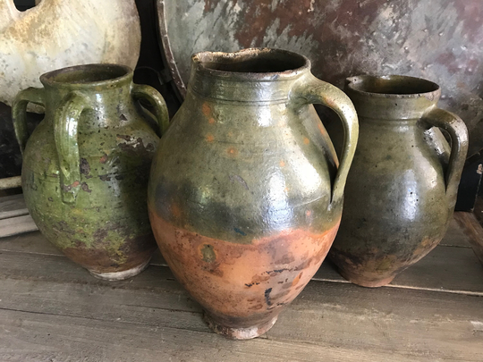 1 19Th C Pottery Jug, Vase, Olive Jar, Green Glazed, Rustic Terra Cotta, European Farmhouse, Farm Table
