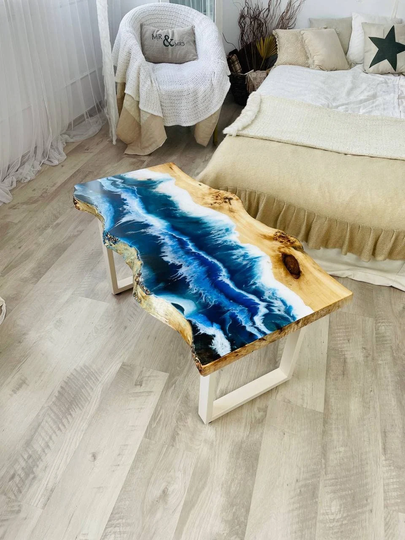 Beach Wood Resin Coffee Table, Ocean Epoxy Dining & Live Edge Wooden Table Top