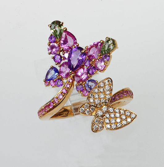 18K Butterfly Ring, Multi Color, Gem, Diamond, Pink Green Sapphire, Tanzanite, Amethyst, 2 Finger By Pass, Swing