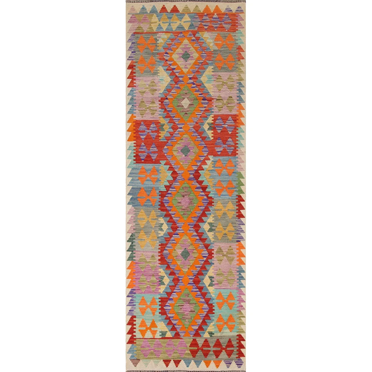 Kilim Multi-Color Runner Rug Hand-Woven Geometric Wool Carpet - 2'8" x 9'11"