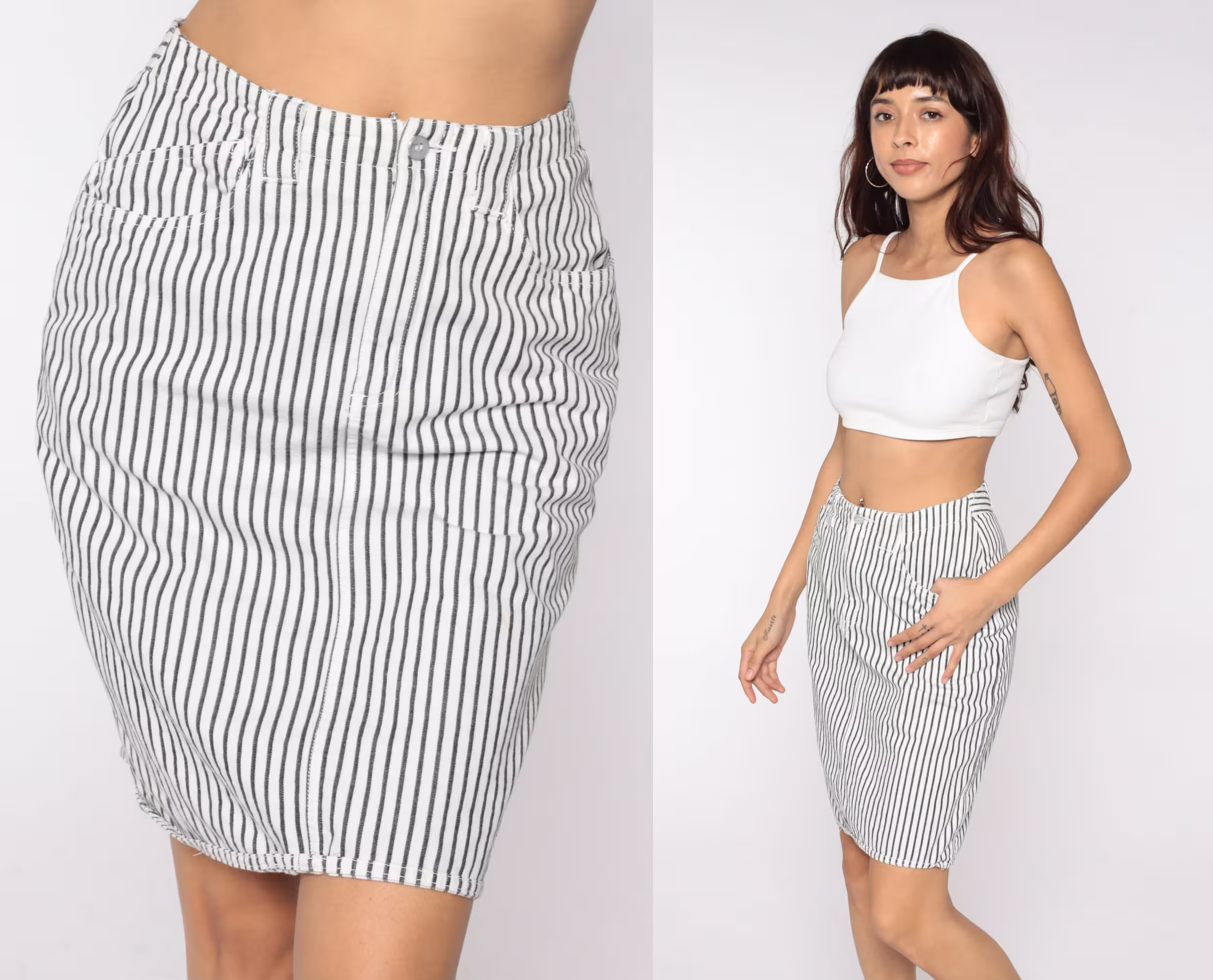 90S Mini Skirt Pinstripe Striped Wiggle White Black Pencil Skort 1990S Vintage High Waisted Buckle Secretary Liz Sport Medium