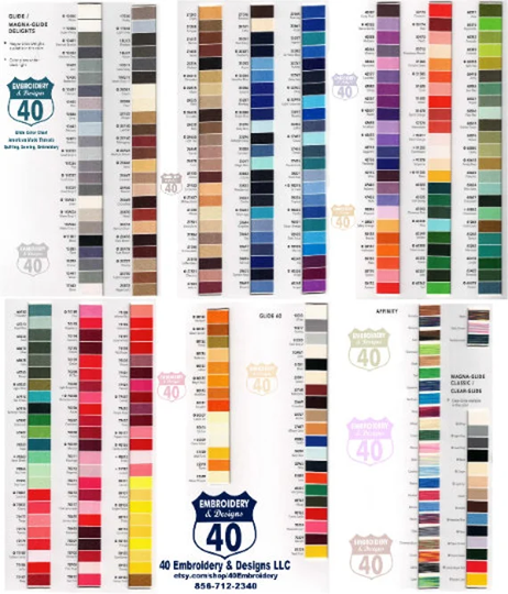 Glide Thread Color Chart. Polyester Trilobal Embroidery Sample Card. Fil-Tec Hab + Dash Bobbin Colors & Delight