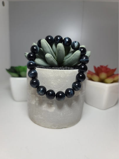 Dark Gray Blue Tiger Eye Beaded Bracelet