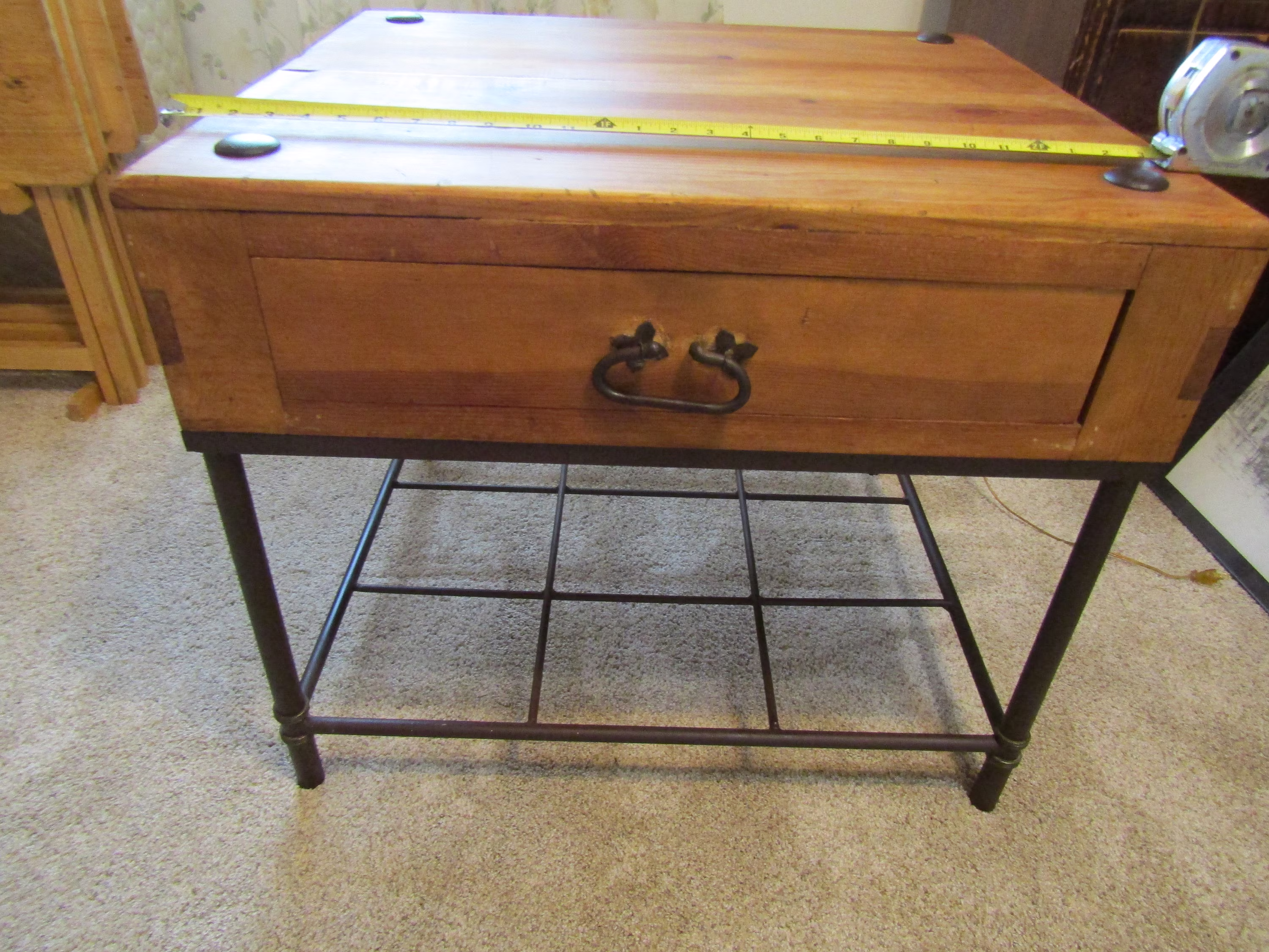 Vintage Rustic Wood Coffee Table With Metal Cross Bars On Bottom