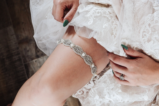 Wedding Garter, Bridal Garter - Vintage Crystals & Pearls, Dusty Blue Belt, Minimalist No Slip
