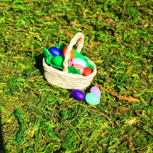 Spring Egg Basket, Dollhouse Colored Eggs in A Miniature Oblong Woven Basket With Easter Eggs