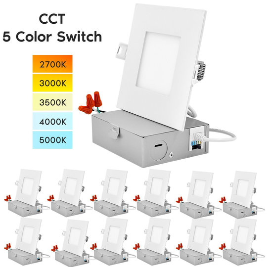 Luxrite 4" Square LED Recessed Lighting, Color Temperature Selectable 2700K - 5000K, Dimmable, ETL Listed, 12-Pack