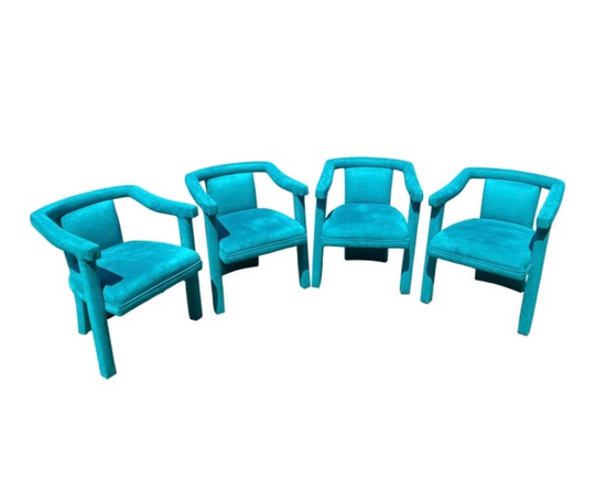 1970S Vintage Sculptural Blue Velvet Chairs - Set Of 4