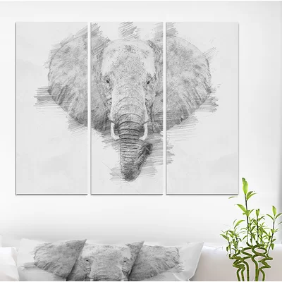 'Elephant in Pencil Sketch' Drawing Print Multi-Piece Image on Wrapped Canvas