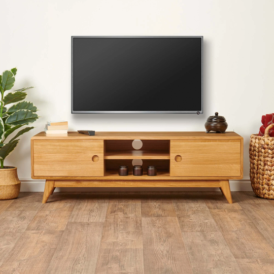 Tv Unit & Media Stand. Solid Oak. Low Console/Cabinet/Sideboard With Storage. Mid-Century Modern/Retro Furniture. Natural/Dark Wood. 130cm