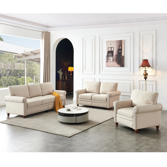 Rolled Arms Three-seat Sofa & Loveseat Polyester Thicken Padded Seat Sofa Set