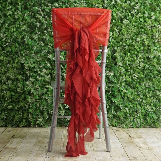 Red Premium Curly Chiffon Chair Cover Cap With Sashes