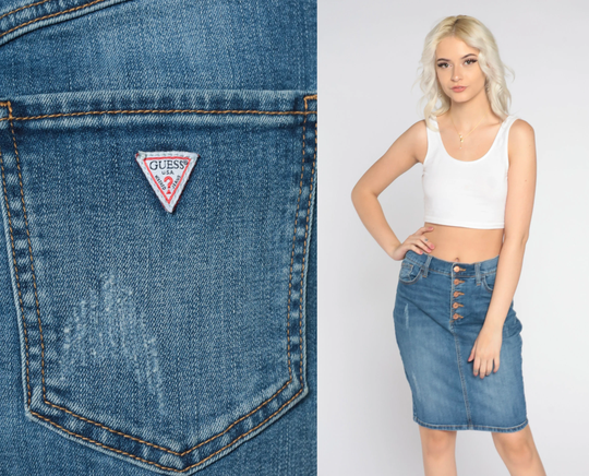 Guess Jean Skirt Y2K Denim Mini Retro Blue Pencil Jeans High Waisted Button Fly Casual Summer Vintage 00S Streetwear Medium 29