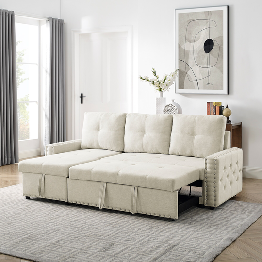 L-shape Sectional Sofa with Pulled Out Bed, 2 Seats Sofa and Reversible Chaise with Storage, both Hands with Copper Nail