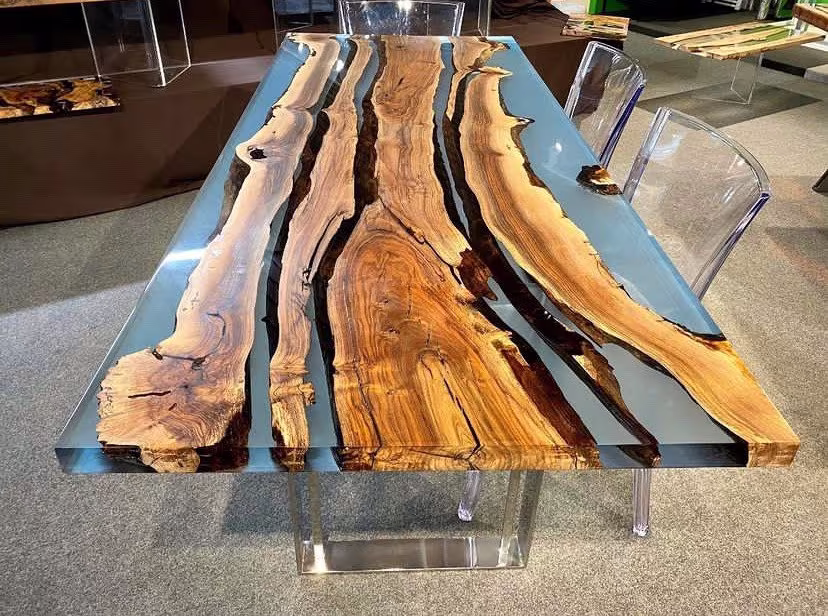 Custom Live Edge Epoxy Table, Walnut Resin River Blue Dining
