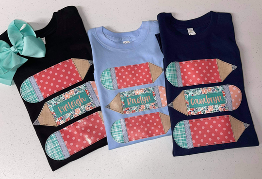 Personalized Pencil Trio T-Shirt- Patterned Vinyl Design - Back To School-Youth- Toddler- Infant- Unisex Fit- Free Shipping
