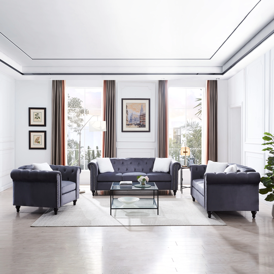 3Pcs Living Room Sofa Set with 6 Villose Pillow, 3-Seat Sofa & Loveseat & Sofa Chair with Button & Copper Nail on Arms & Back