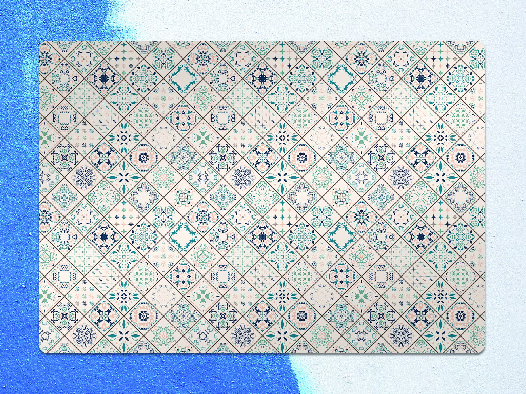 Tiles Chair Mat, Blue Vinyl Floor Beige Protective Persian Splat Office Decor, Room Rug, Gift Idea
