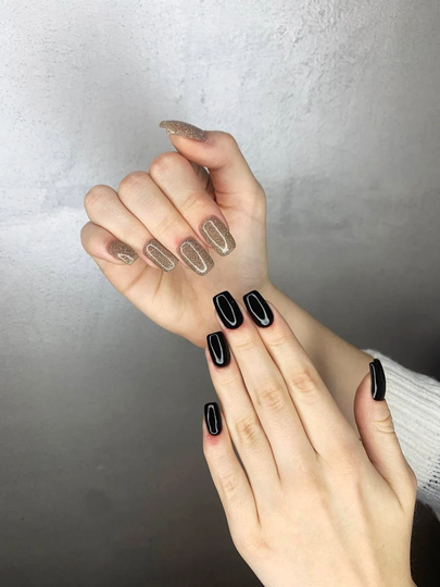 Black & Sand Nail Press On Minimalist False Nails Short Fake With Glue Reusable Toenails Day Night Toe
