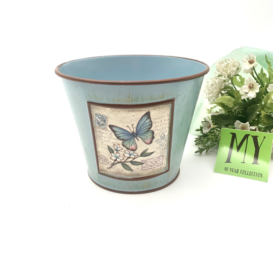 Adorable Metal Blue Painted Flower Pot With Butterfly Distressed Small Bucket Tabletop Pencil Utensil Holder My40Yearcollection