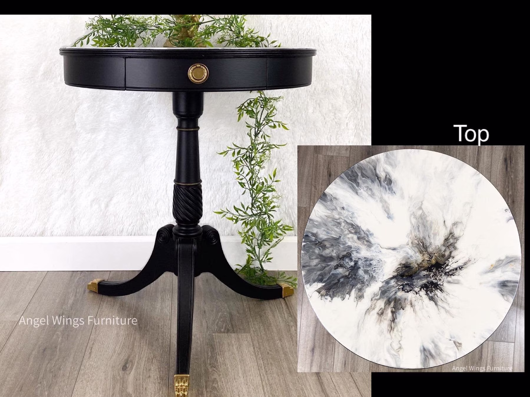 Vintage Drum Table. Round Top Side Contemporary Lamp Tall Bedside Nightstand. Black Paint Pour Art