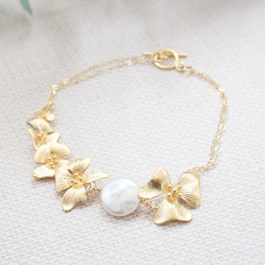 Gold Dogwood Bracelet, Flower Toggle Dainty Pearl Wedding Bracelet