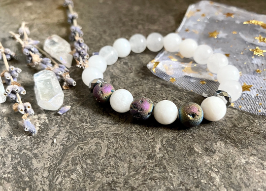 Selene Moon Goddess Devotional Bracelet, Moonstone Rainbow Aura Titanium, Intuition Magical, Witchy Gift