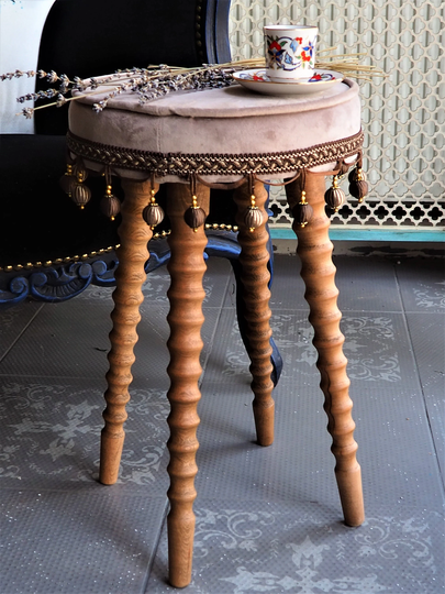Turkish Light Brown Velvet Fabric Wooden Leg Decorative Pouffe & 2 Free 4545 Pillowcases -Ottoman Chair-Turkish Pouffe-Moraccan Pouf