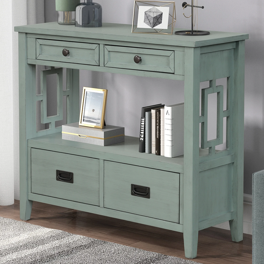38'' Farmhouse Pine Wood Console Table with 4 Drawers & 1 Open Storage Shelf, Sofa Table for Entryway, Living Room, Bedroom