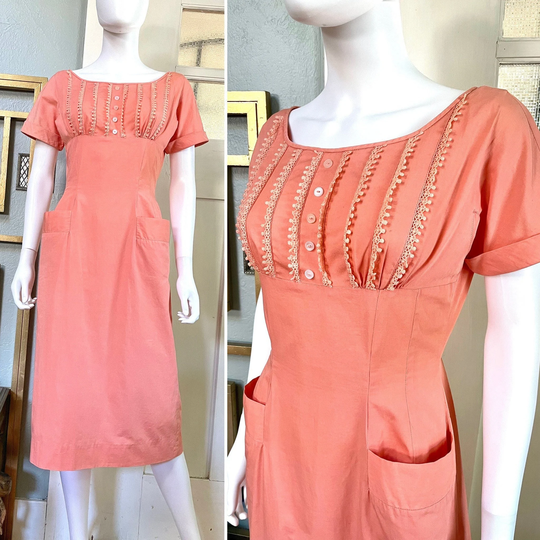 Vintage 50S Small Teena Paige Peach Cotton Pencil Dress With Pockets