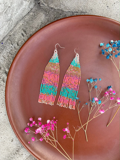 Bright Colorful Earrings Summer Colors Dangle Beaded Long Seed Bead Fringe Gift For Her Shining