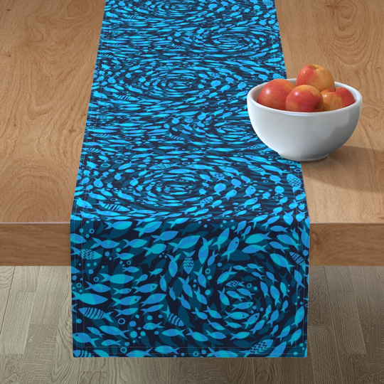 School Of Fish Table Runner - Schooling By Ramarama Blue Nature Turquoise Water Cotton Sateen Spoonflower