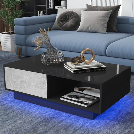 Coffee Table with 2 Drawers LED Sofa Side End Table Living Room Furniture,Grey
