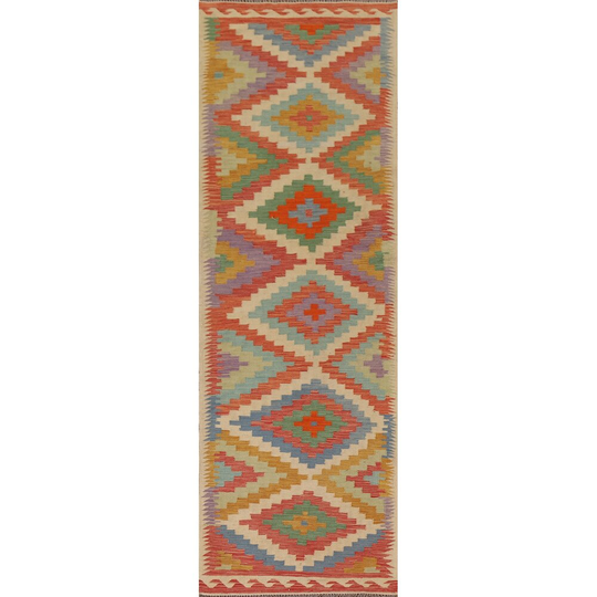 Kilim Geometric Multi-Color Oriental Runner Rug Hand-woven Wool Carpet - 2'9"x 9'6"
